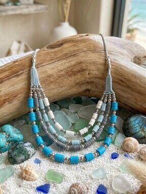 4 Strand Heishi Bead Necklace Turquoise Gray Southwestern Boho Statement 16.5"